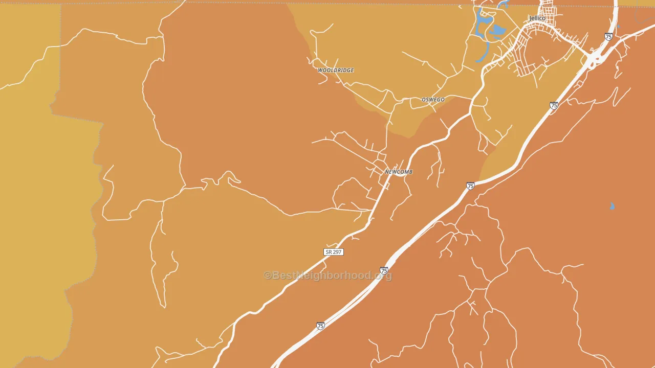 Map of the best neighborhoods in the Newcomb area, with better matches in green and worse matches in red