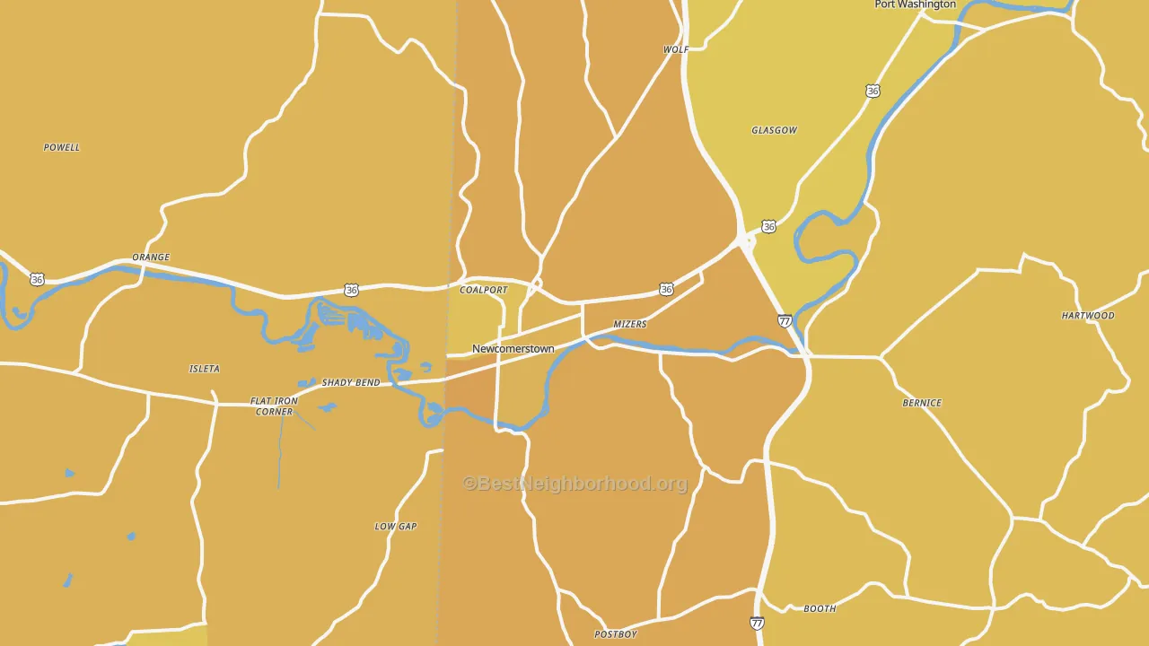 Map of the best neighborhoods in the Newcomerstown area, with better matches in green and worse matches in red