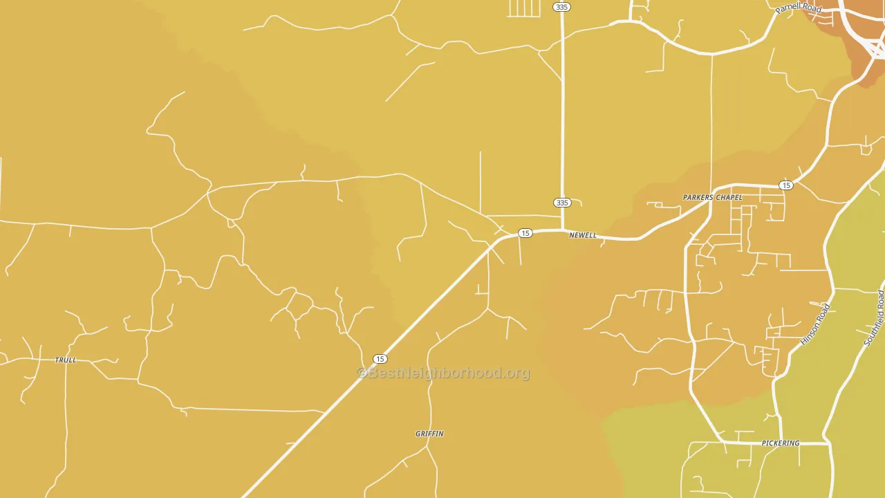 Map of the best neighborhoods in the Newell area, with better matches in green and worse matches in red