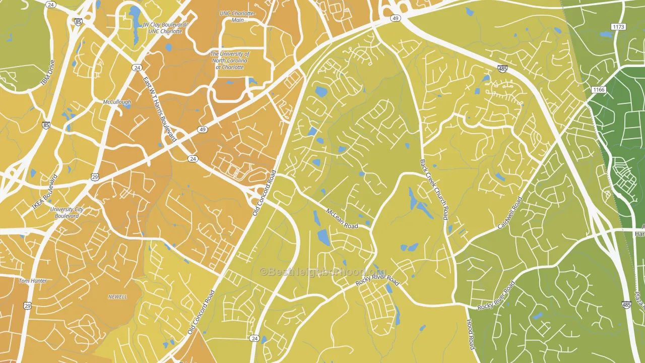 Map of the best neighborhoods in the Newell, Charlotte area, with better matches in green and worse matches in red