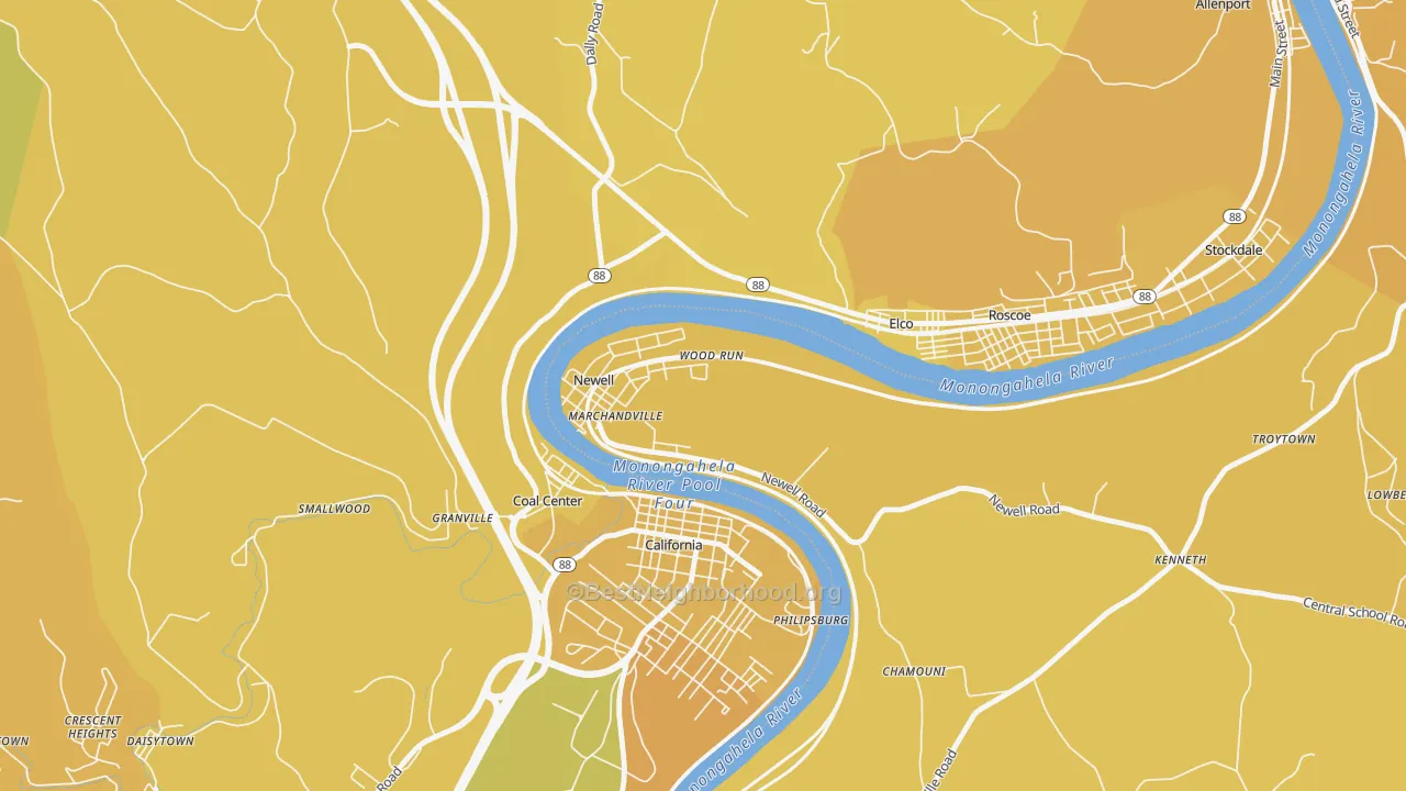 Map of the best neighborhoods in the Newell area, with better matches in green and worse matches in red