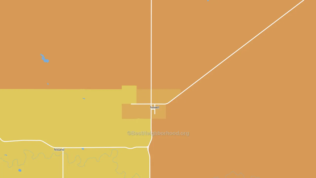 Map of the best neighborhoods in the Newell area, with better matches in green and worse matches in red