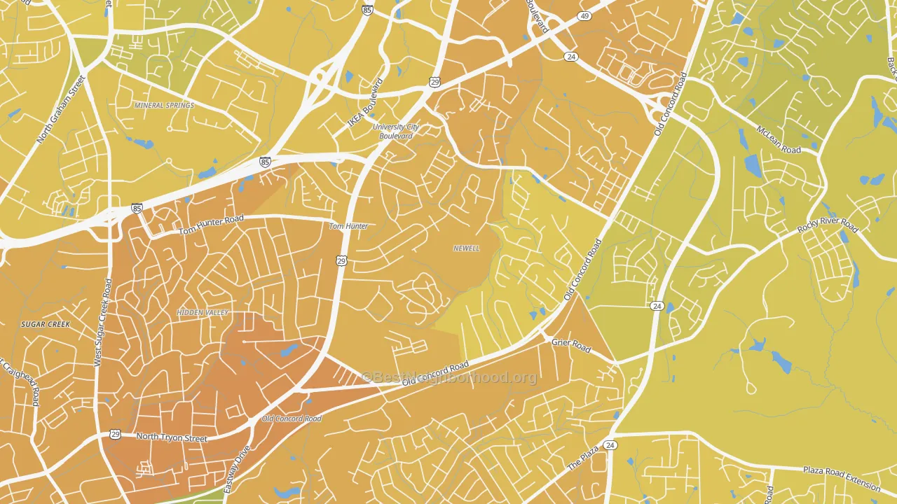 Map of the best neighborhoods in the Newell South, Charlotte area, with better matches in green and worse matches in red