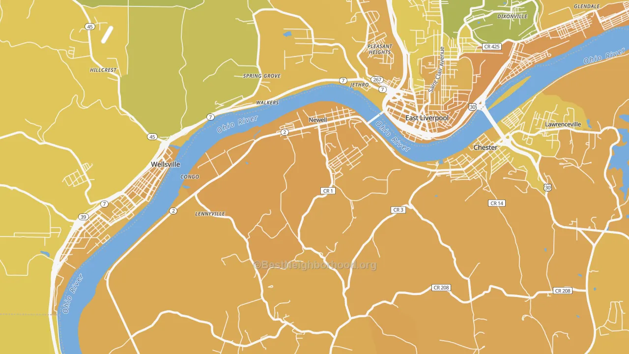 Map of the best neighborhoods in the Newell area, with better matches in green and worse matches in red
