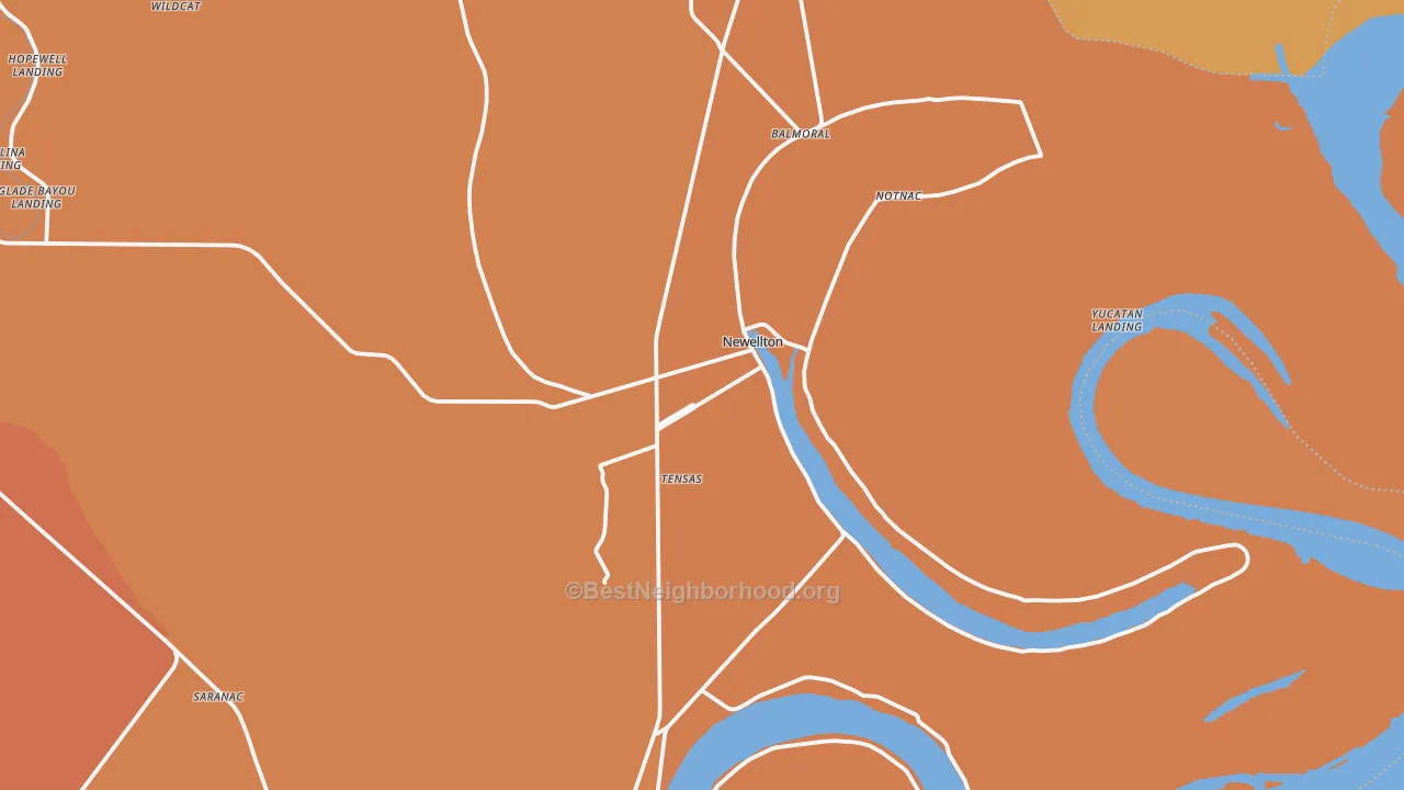 Map of the best neighborhoods in the Newellton area, with better matches in green and worse matches in red