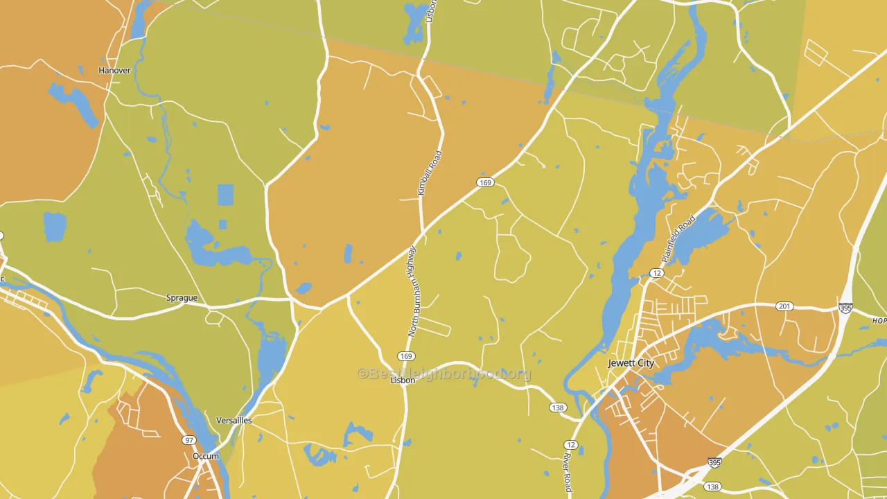 Map of the best neighborhoods in the Newent area, with better matches in green and worse matches in red