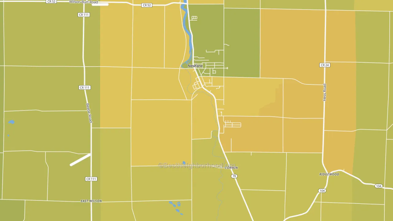 Map of the best neighborhoods in the Newfane area, with better matches in green and worse matches in red