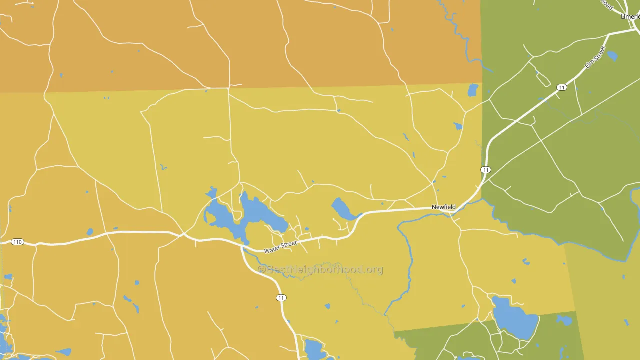 Map of the best neighborhoods in the Newfield area, with better matches in green and worse matches in red