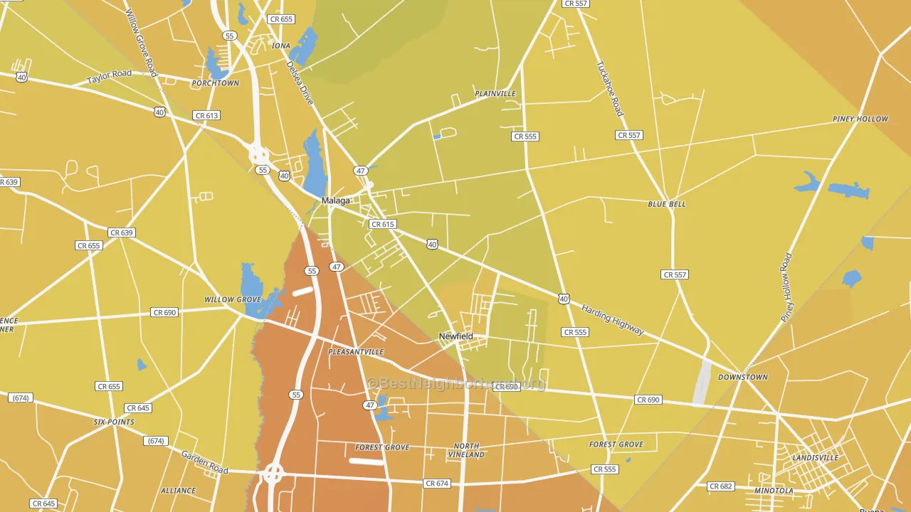 Map of the best neighborhoods in the Newfield area, with better matches in green and worse matches in red
