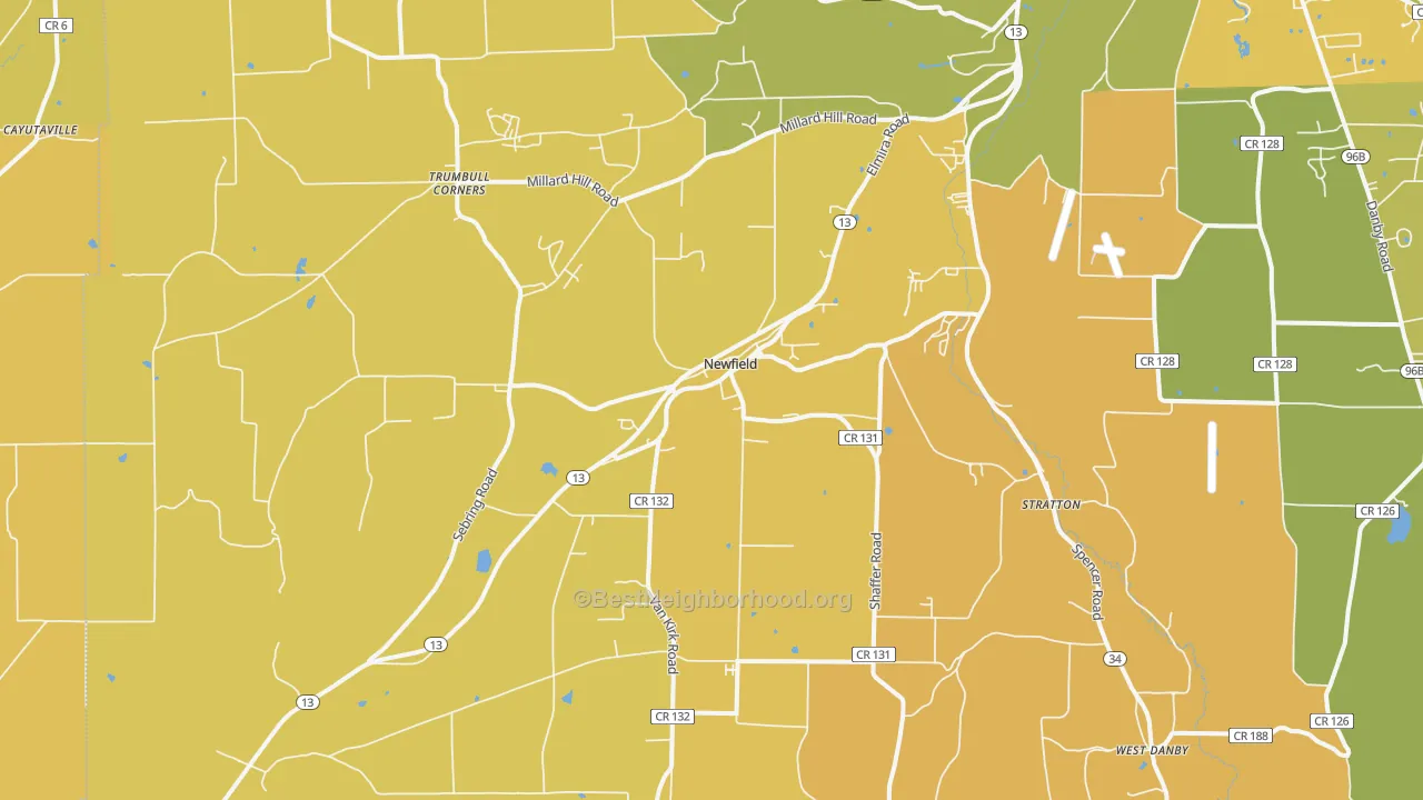 Map of the best neighborhoods in the Newfield area, with better matches in green and worse matches in red