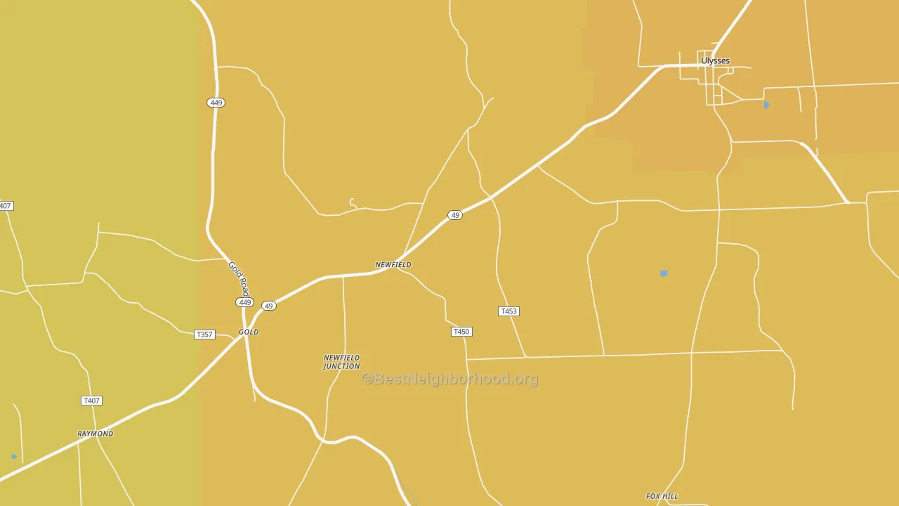 Map of the best neighborhoods in the Newfield area, with better matches in green and worse matches in red