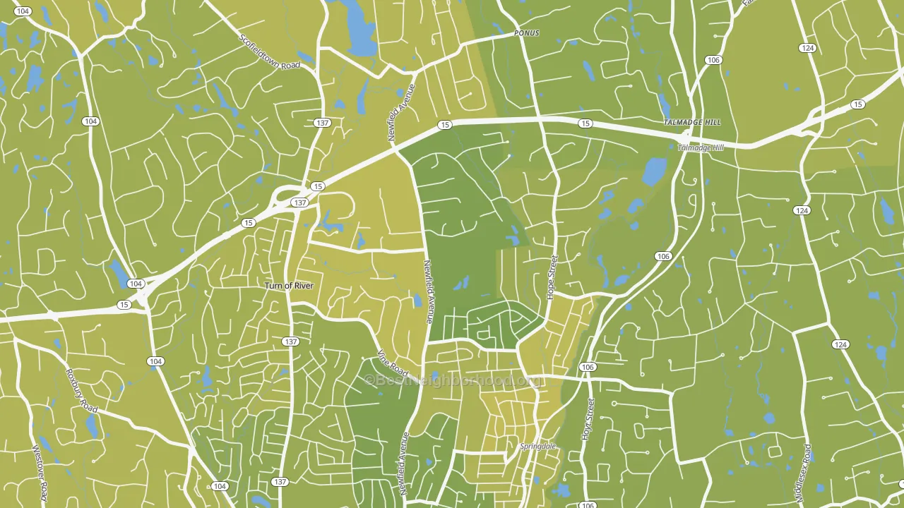 Map of the best neighborhoods in the Newfield, Stamford area, with better matches in green and worse matches in red