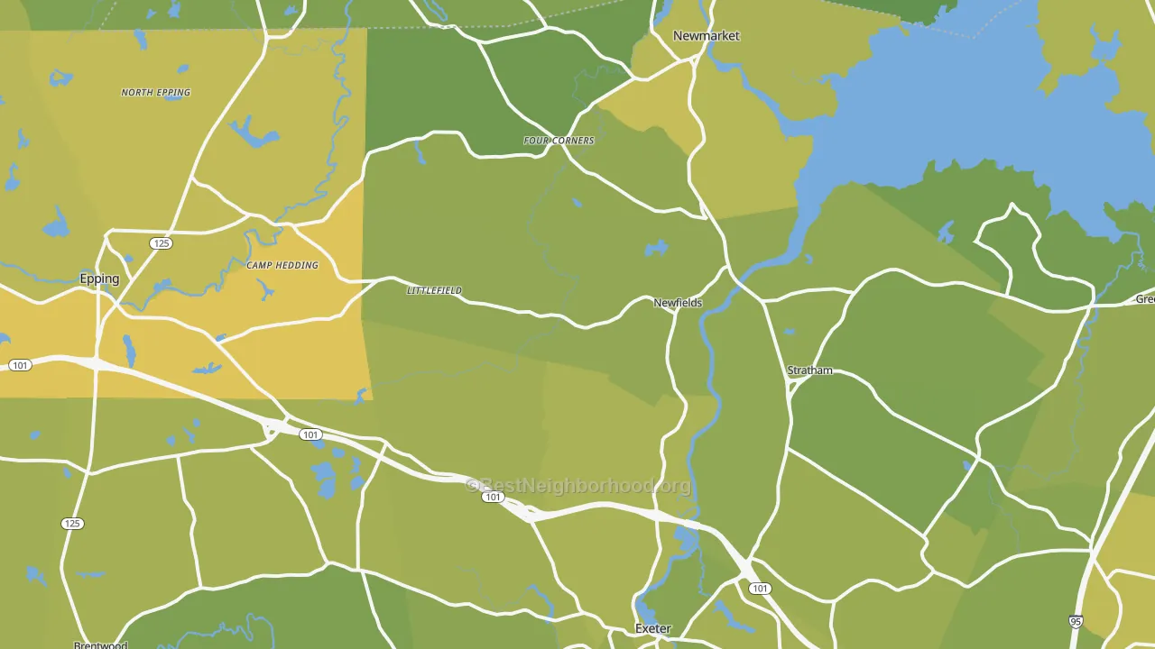 Map of the best neighborhoods in the Newfields area, with better matches in green and worse matches in red