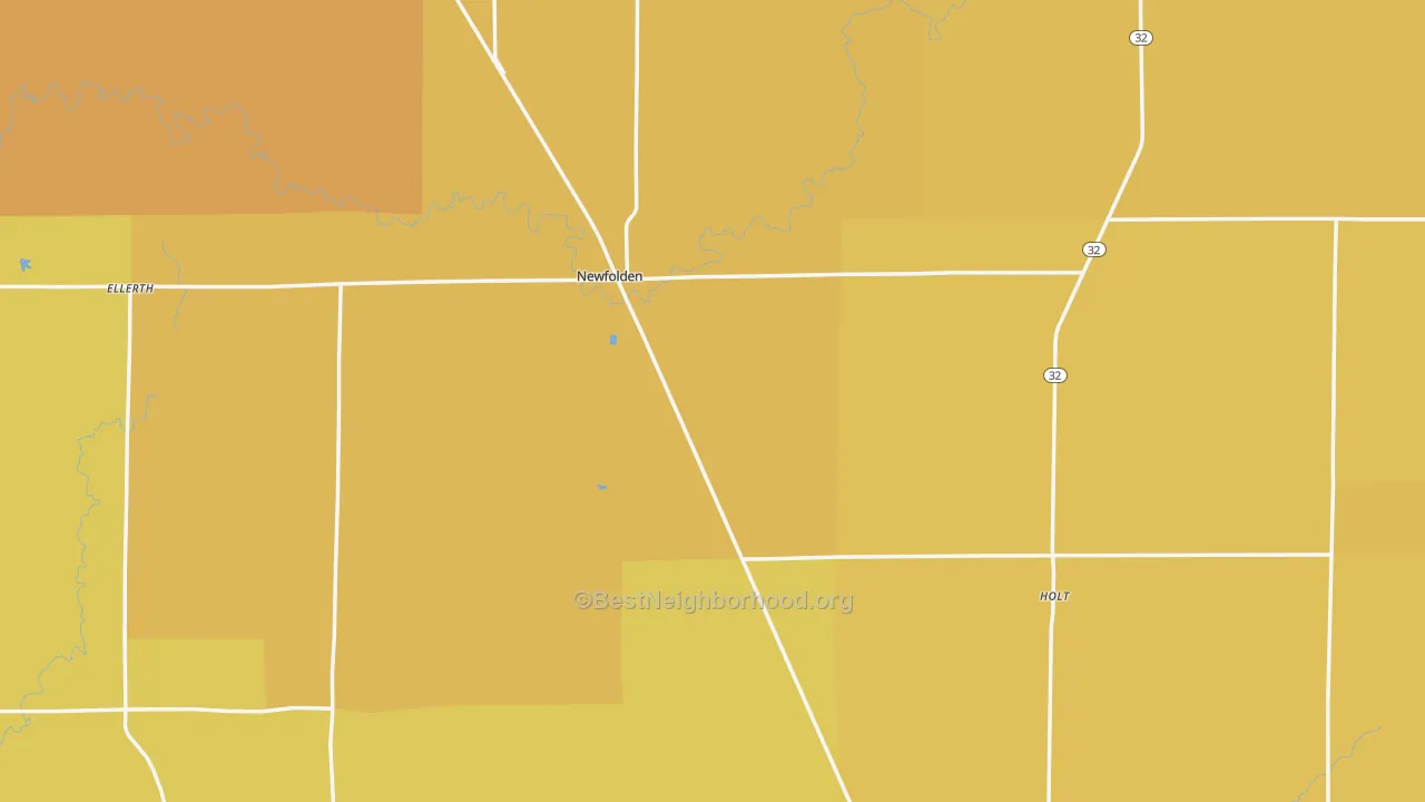 Map of the best neighborhoods in the Newfolden area, with better matches in green and worse matches in red