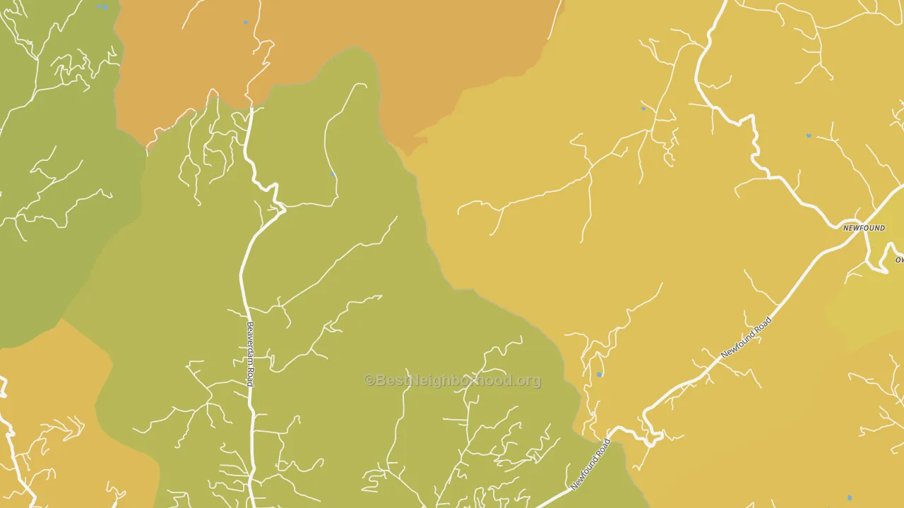 Map of the best neighborhoods in the Newfound area, with better matches in green and worse matches in red