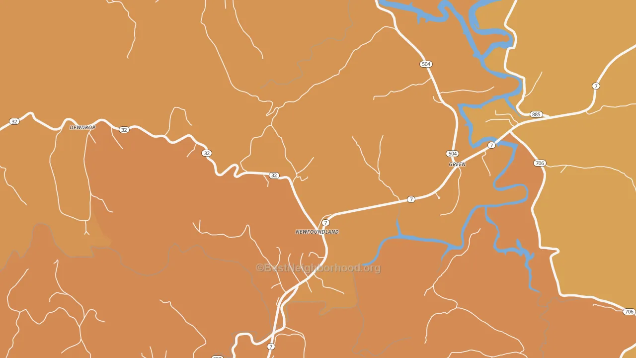 Map of the best neighborhoods in the Newfoundland area, with better matches in green and worse matches in red