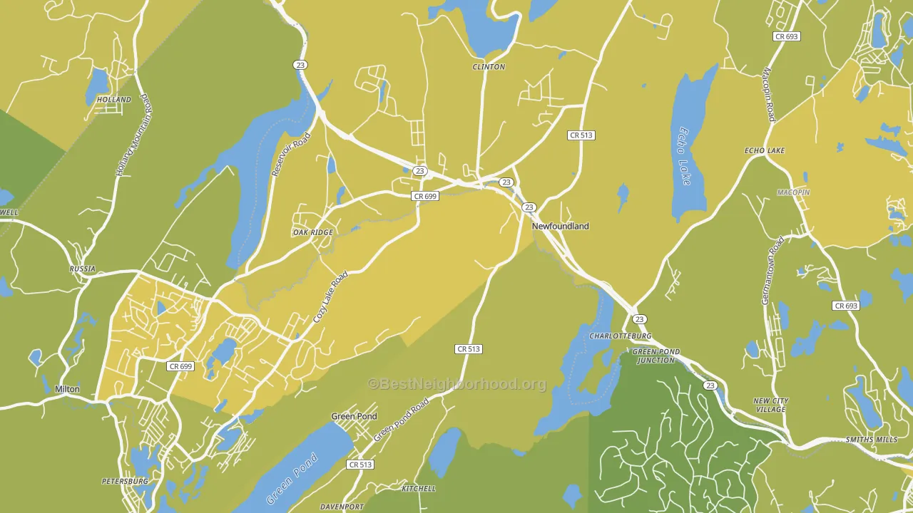 Map of the best neighborhoods in the Newfoundland area, with better matches in green and worse matches in red