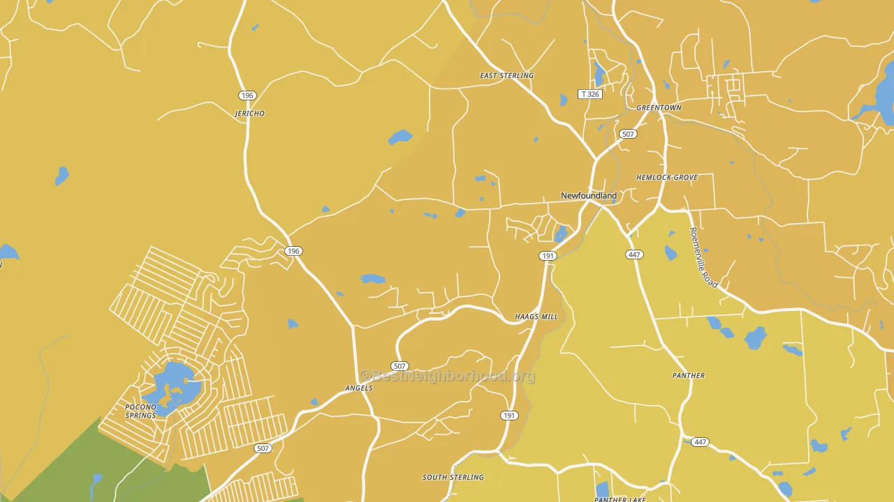 Map of the best neighborhoods in the Newfoundland area, with better matches in green and worse matches in red