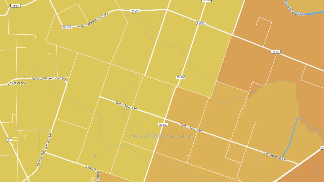 Map of the best neighborhoods in the Newgulf area, with better matches in green and worse matches in red
