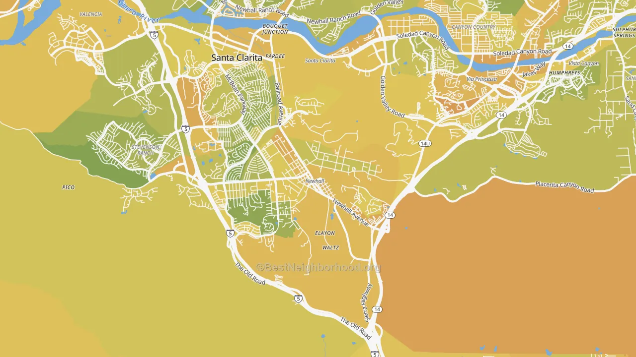 Map of the best neighborhoods in the Newhall area, with better matches in green and worse matches in red