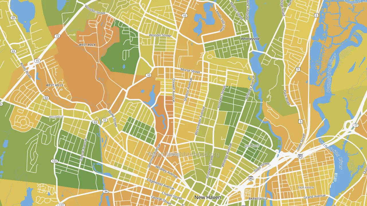 Map of the best neighborhoods in the Newhallville, New Haven area, with better matches in green and worse matches in red