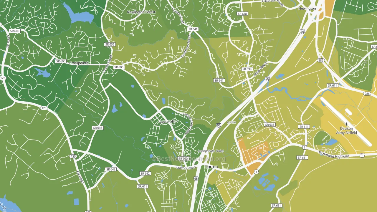 Map of the best neighborhoods in the Newington Forest area, with better matches in green and worse matches in red