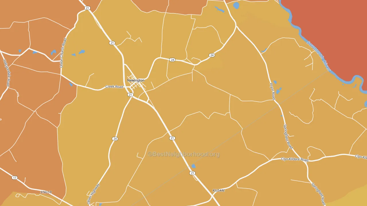 Map of the best neighborhoods in the Newington area, with better matches in green and worse matches in red