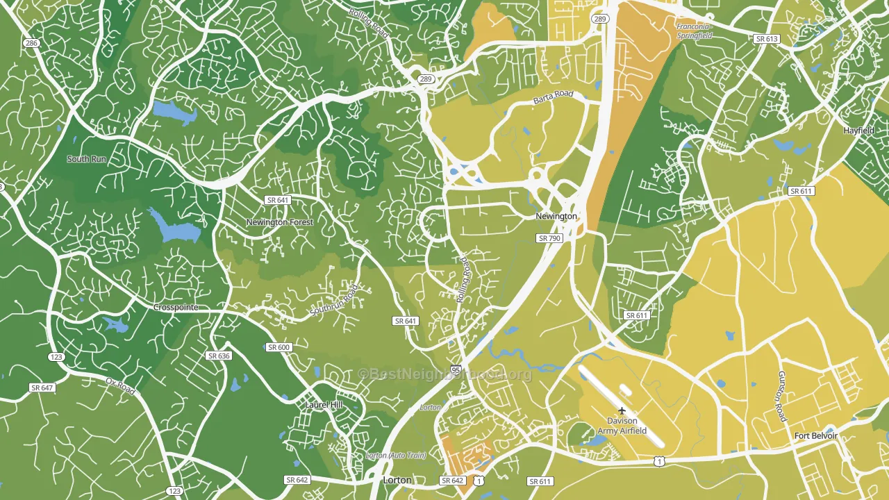 Map of the best neighborhoods in the Newington area, with better matches in green and worse matches in red