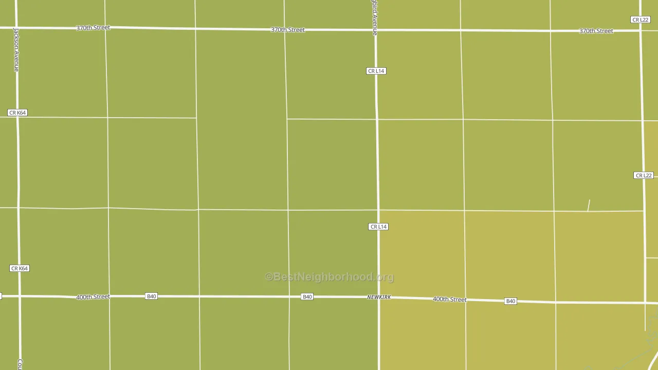 Map of the best neighborhoods in the Newkirk area, with better matches in green and worse matches in red