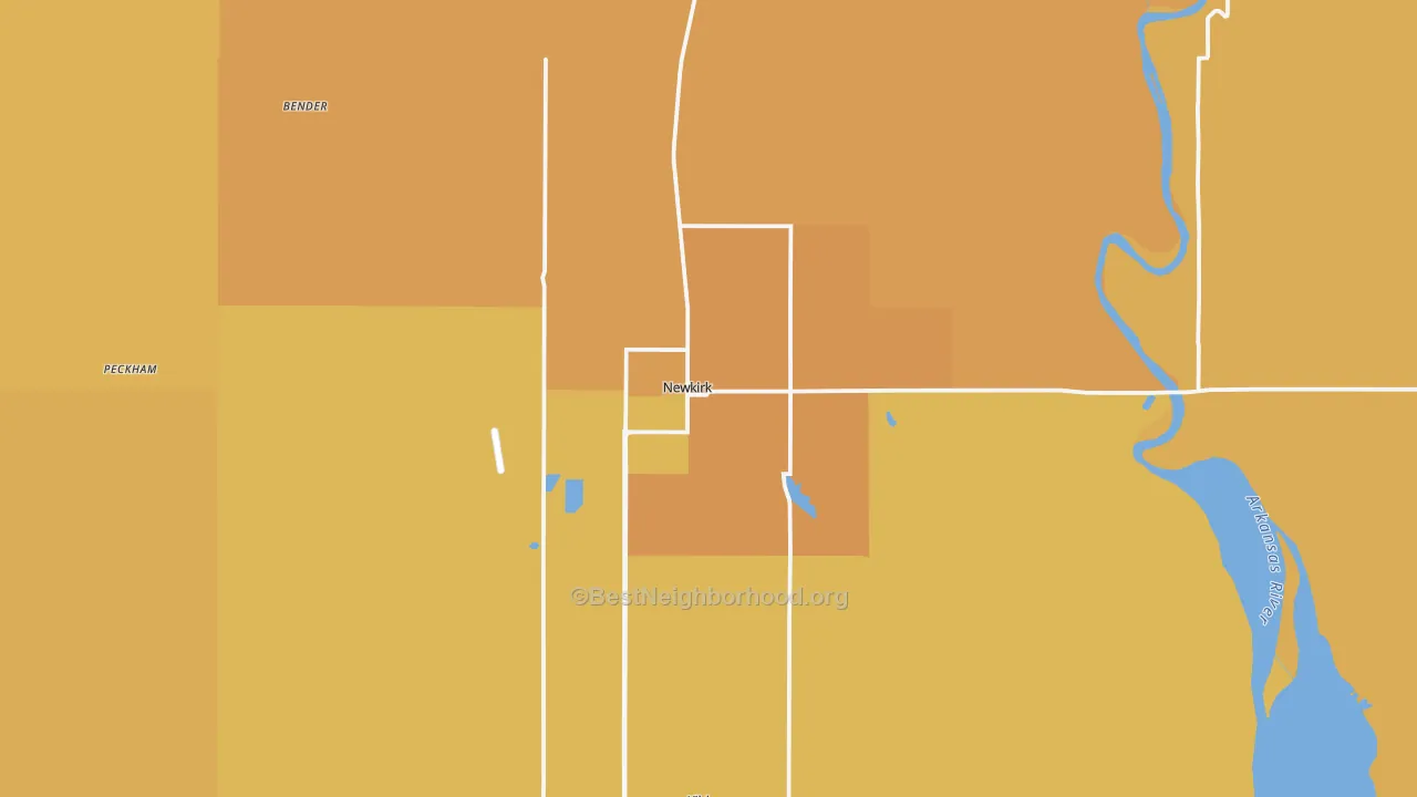 Map of the best neighborhoods in the Newkirk area, with better matches in green and worse matches in red