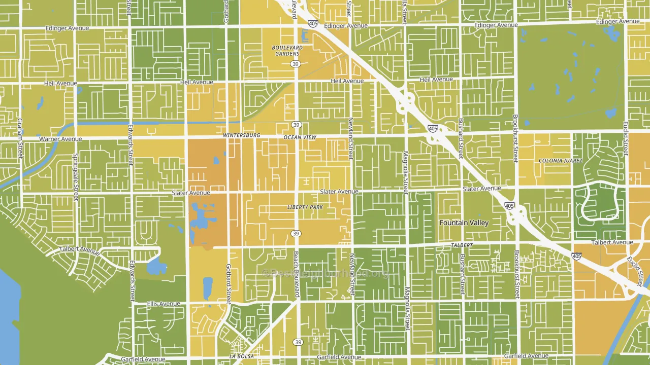 Map of the best neighborhoods in the Newland, Huntington Beach area, with better matches in green and worse matches in red