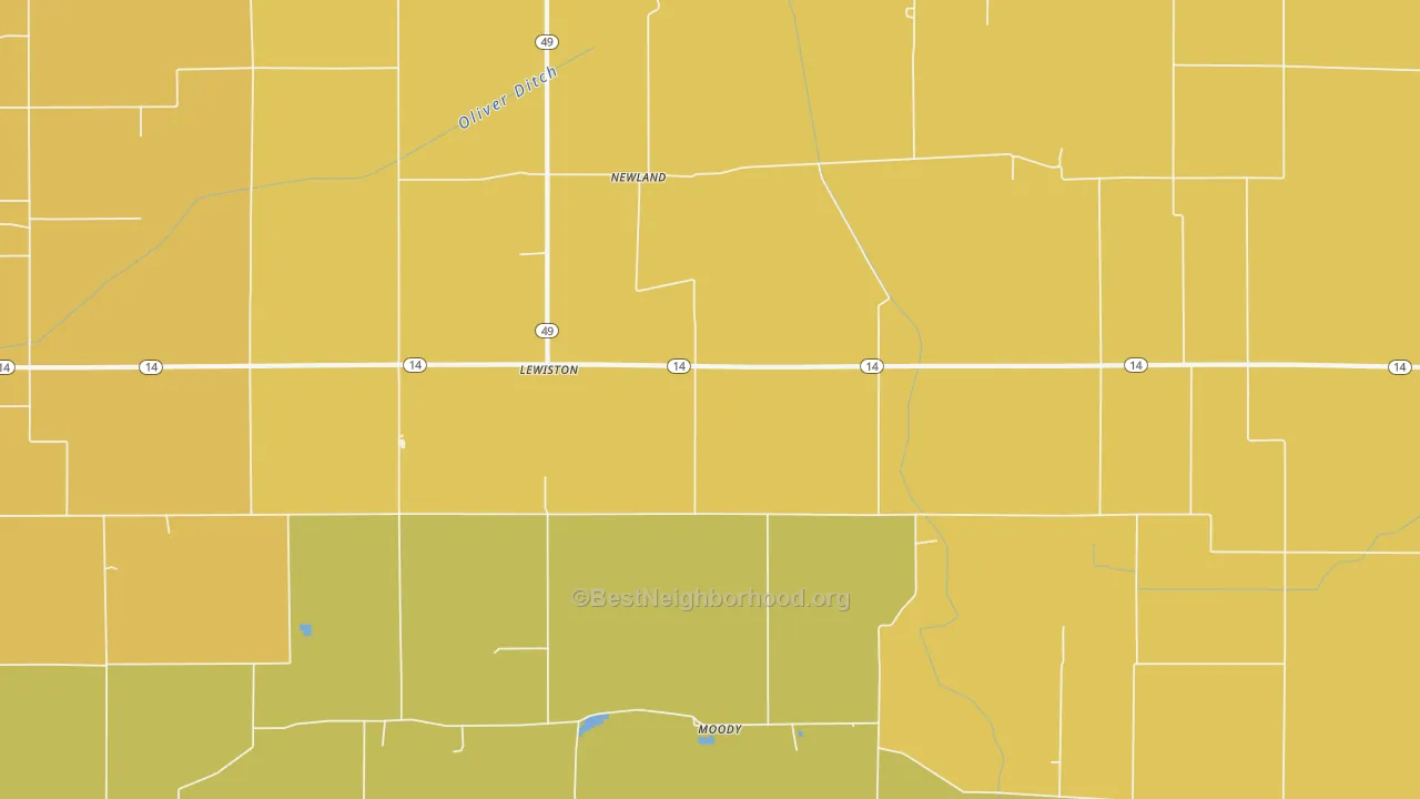 Map of the best neighborhoods in the Newland area, with better matches in green and worse matches in red