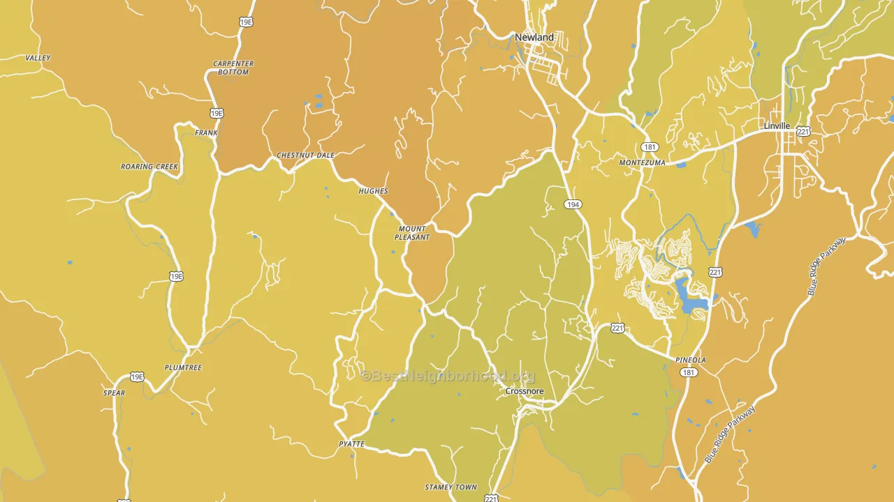 Map of the best neighborhoods in the Newland area, with better matches in green and worse matches in red