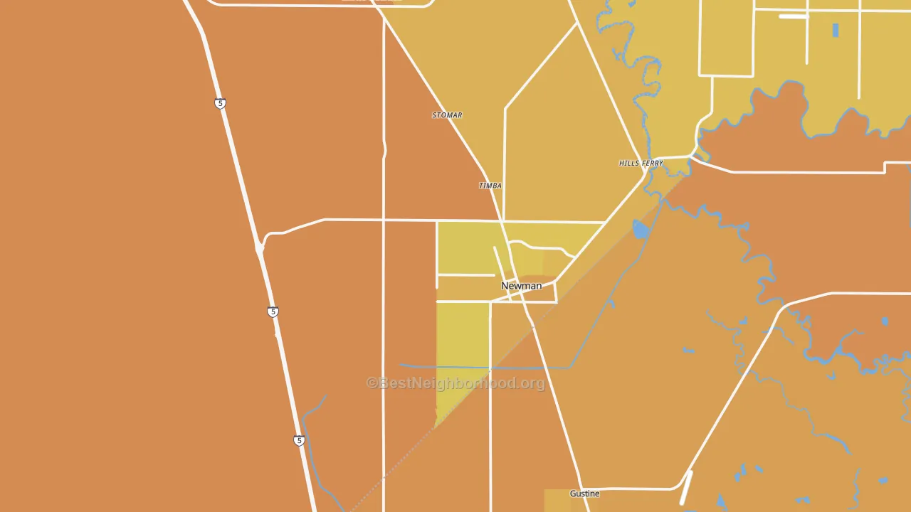 Map of the best neighborhoods in the Newman area, with better matches in green and worse matches in red