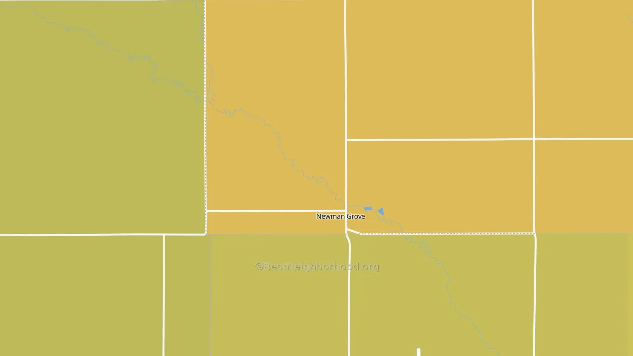 Map of the best neighborhoods in the Newman Grove area, with better matches in green and worse matches in red