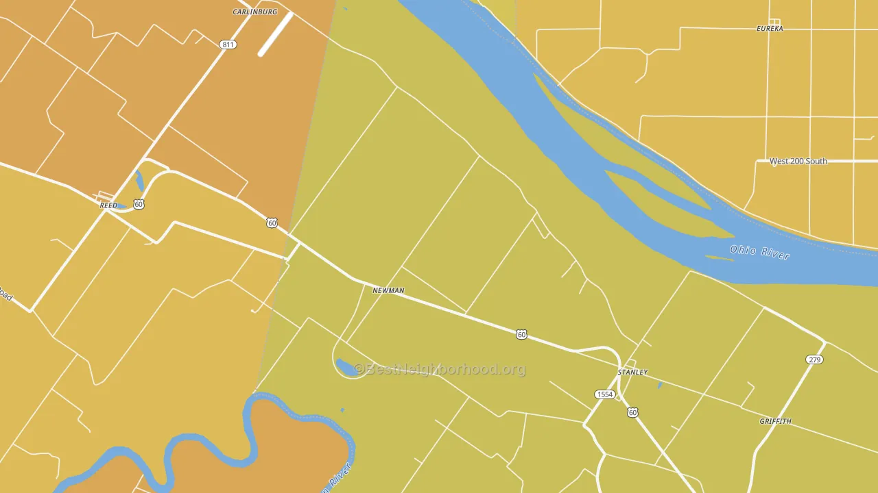 Map of the best neighborhoods in the Newman area, with better matches in green and worse matches in red