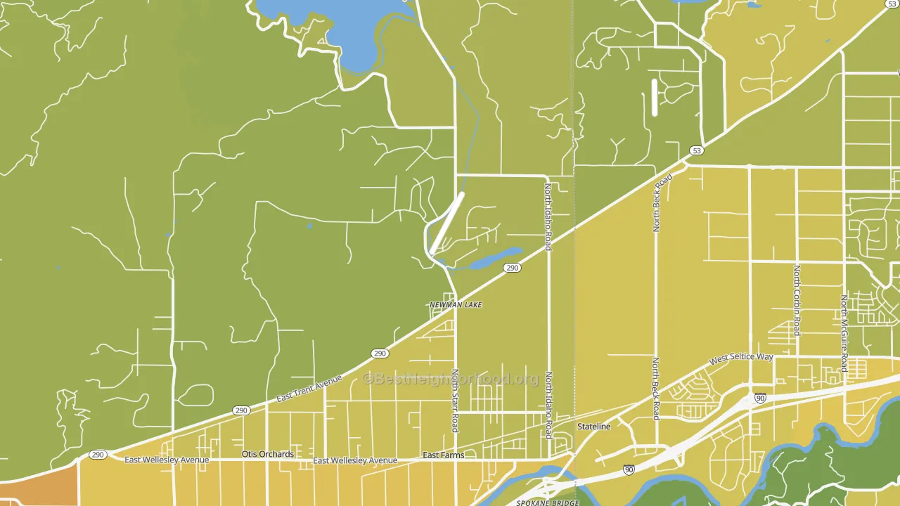 Map of the best neighborhoods in the Newman Lake area, with better matches in green and worse matches in red