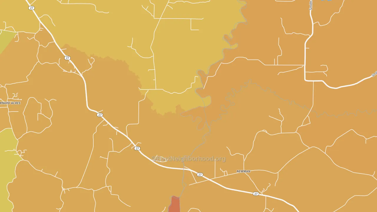 Map of the best neighborhoods in the Newman area, with better matches in green and worse matches in red