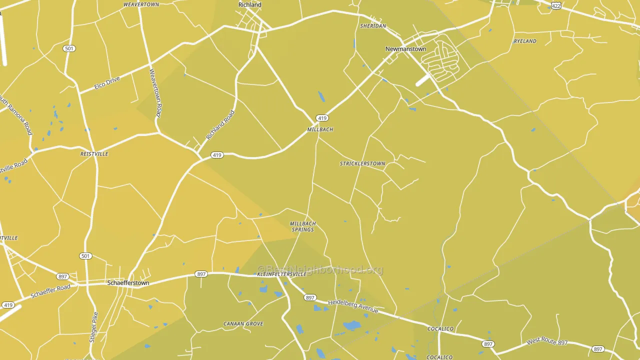 Map of the best neighborhoods in the Newmanstown area, with better matches in green and worse matches in red