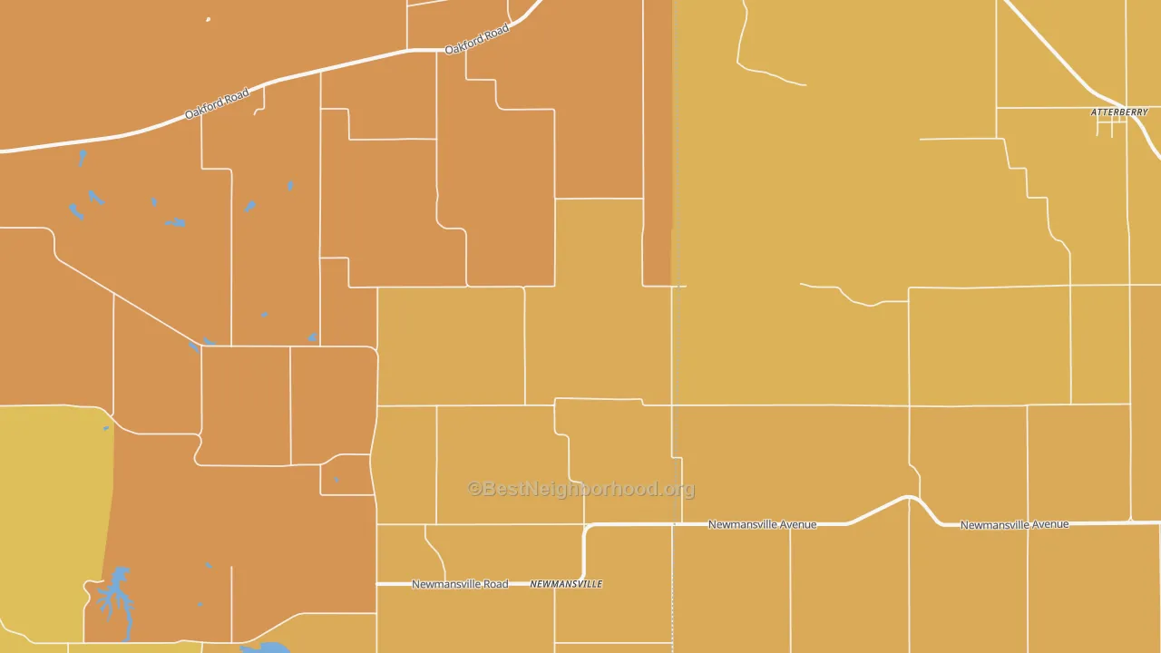 Map of the best neighborhoods in the Newmansville area, with better matches in green and worse matches in red