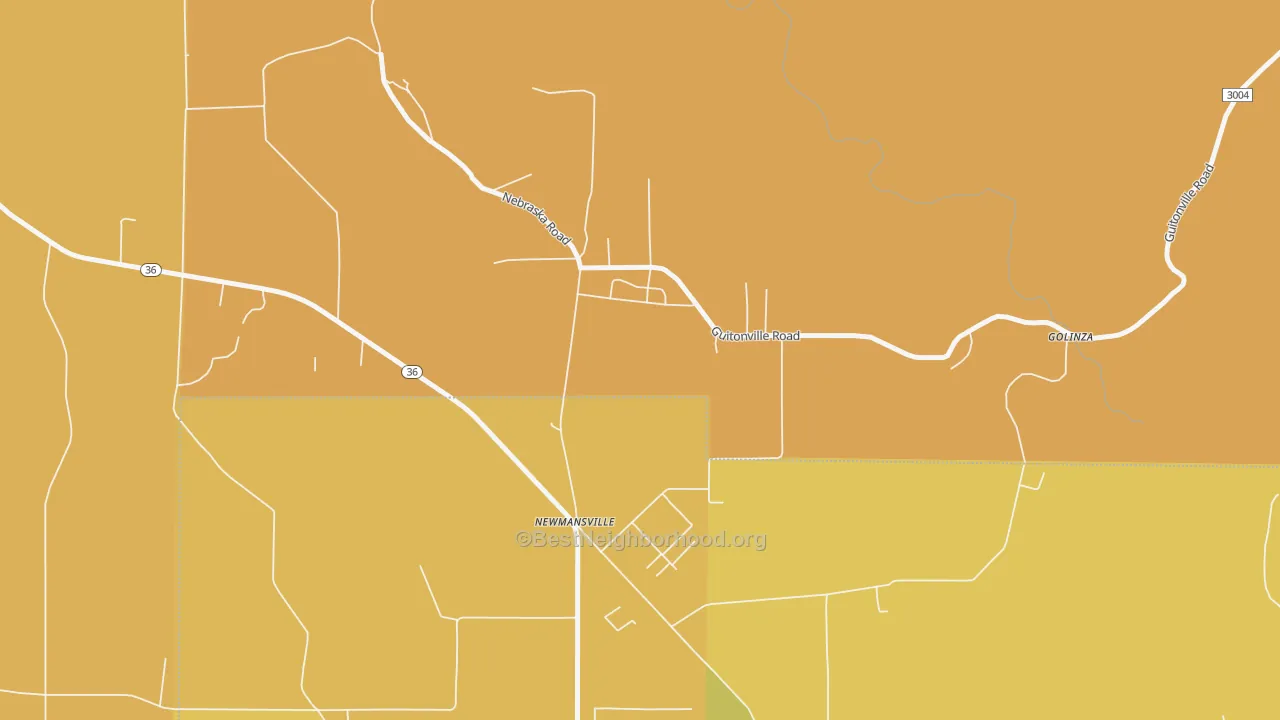 Map of the best neighborhoods in the Newmansville area, with better matches in green and worse matches in red