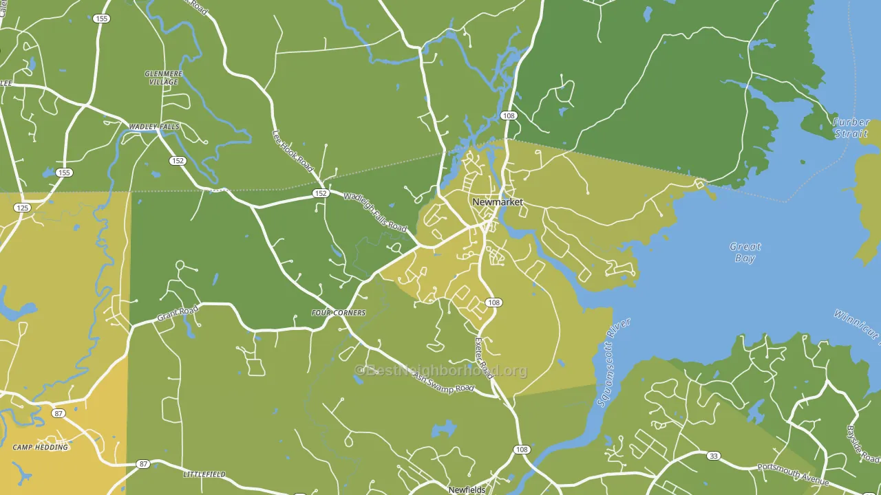 Map of the best neighborhoods in the Newmarket area, with better matches in green and worse matches in red