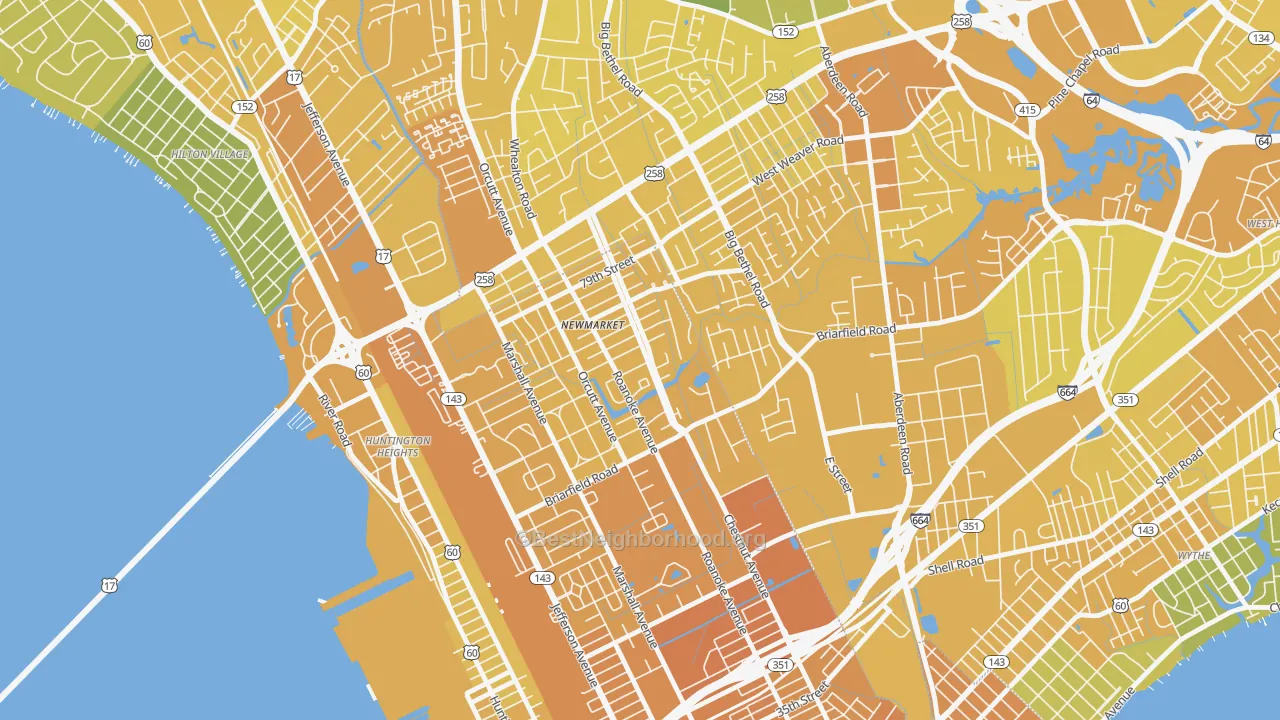 Map of the best neighborhoods in the Newmarket South, Newport News area, with better matches in green and worse matches in red