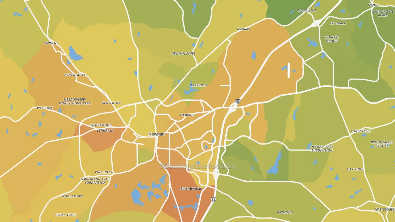 Map of the best neighborhoods in the Newnan area, with better matches in green and worse matches in red