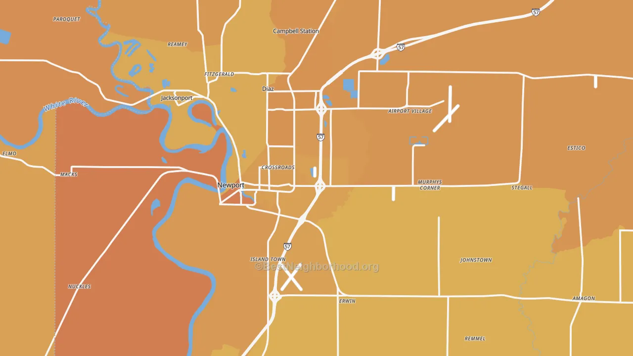 Map of the best neighborhoods in the Newport area, with better matches in green and worse matches in red