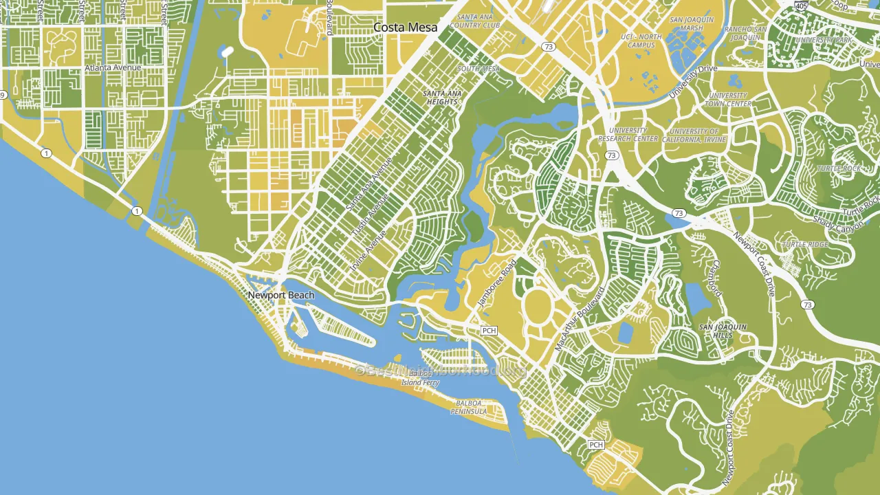 Map of the best neighborhoods in the Newport Beach area, with better matches in green and worse matches in red