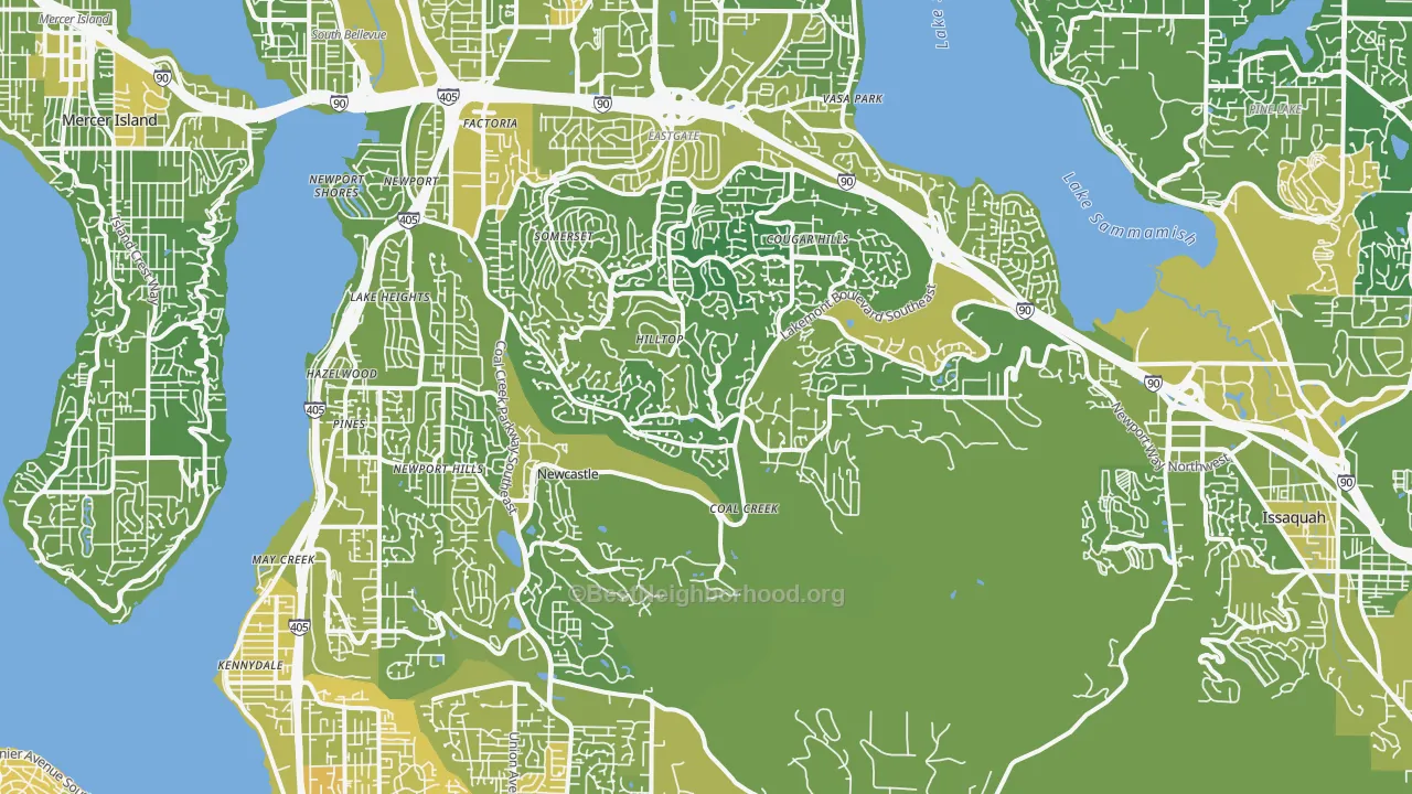 Map of the best neighborhoods in the Newport, Bellevue area, with better matches in green and worse matches in red