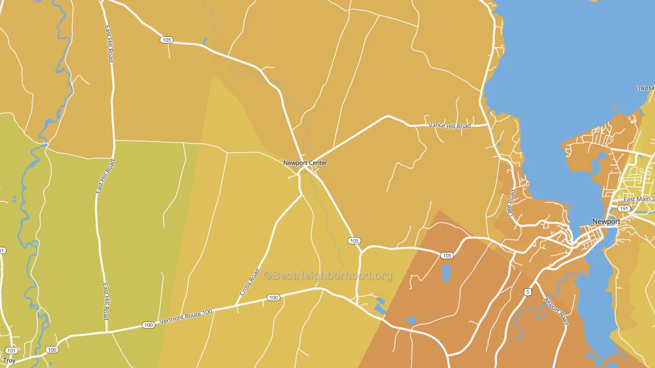 Map of the best neighborhoods in the Newport Center area, with better matches in green and worse matches in red
