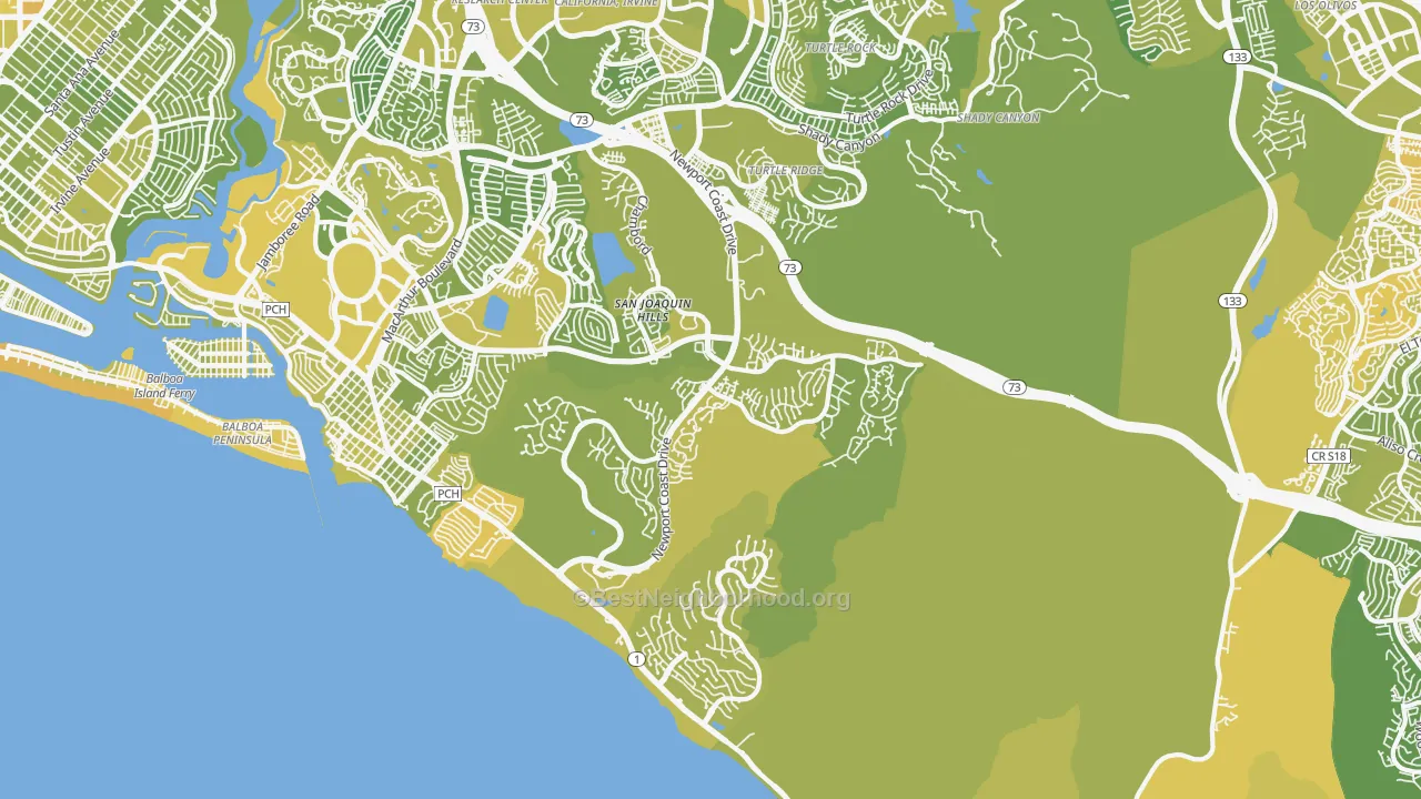 Map of the best neighborhoods in the Newport Coast area, with better matches in green and worse matches in red