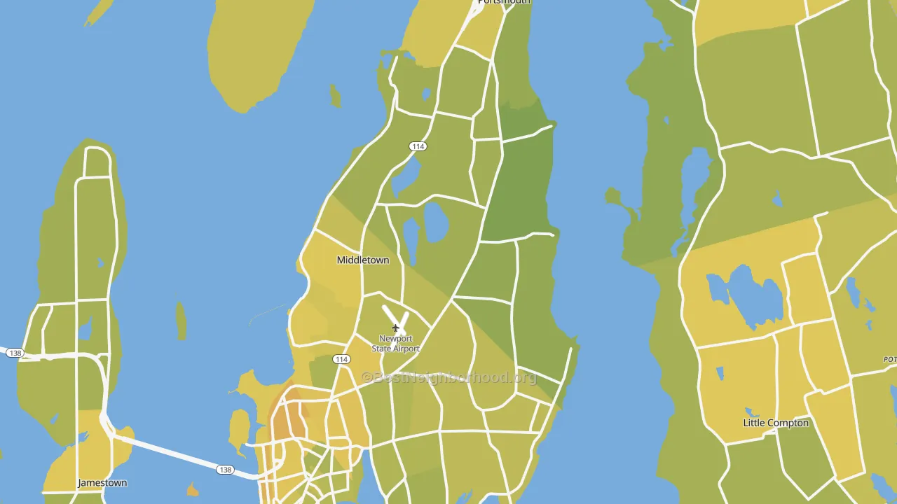 Map of the best neighborhoods in the Newport County area, with better matches in green and worse matches in red